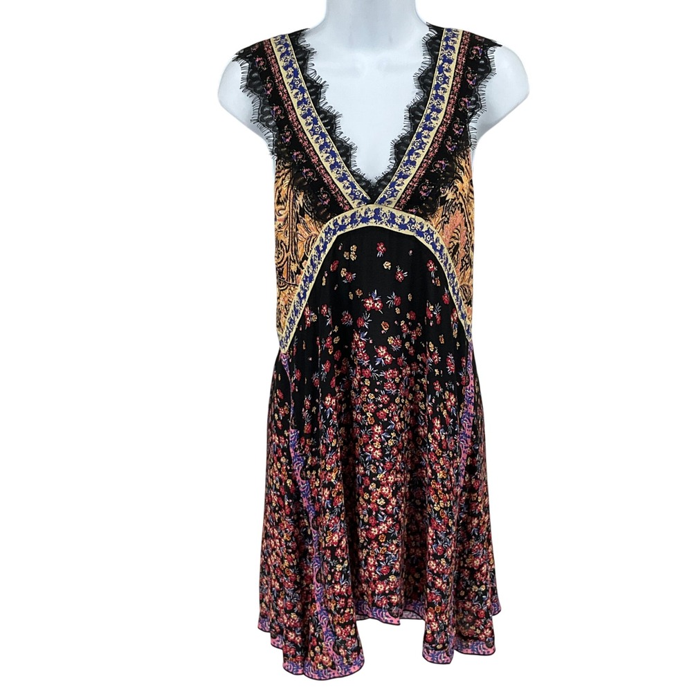 Free People Slip Dress Women XS East Willow Mini Black Floral Lace Boho Festival